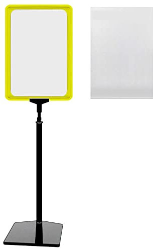 Plakatständer DIN A4 Rahmen gelb mit U-Tasche, Ständer Kunststoff schwarz, Teleskopständer mit Fuß eckig, Kundenstopper höhenverstellbar bis 68 cm, Aufsteller