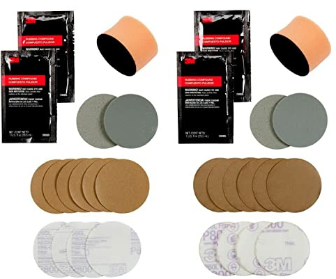 3M Headlight Lens Restoration Kit, Medium Duty 2-Pack, No Tools Required, Restores Cloudy Yellowed Plastic Lenses, Includes Sanding Discs, Rubbing Compound & Foam Pads