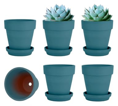 vensovo 6er-Pack 10,2 cm Blaue Terrakotta-Töpfe mit Untersetzern | Kleine Tontöpfe mit Drainageloch und Untersetzern für Pflanzen, ideal für den Innen- und Außenbereich