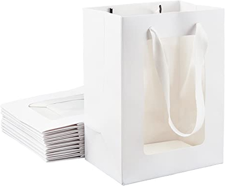 BENECREAT 10 Stück Geschenktüten mit Fenster, 20x15x10cm Weiße Kraftpapiertüte, Geschenktaschen für Hochzeits Valentinstagsdekoration Weihnachten Geburtstag Party