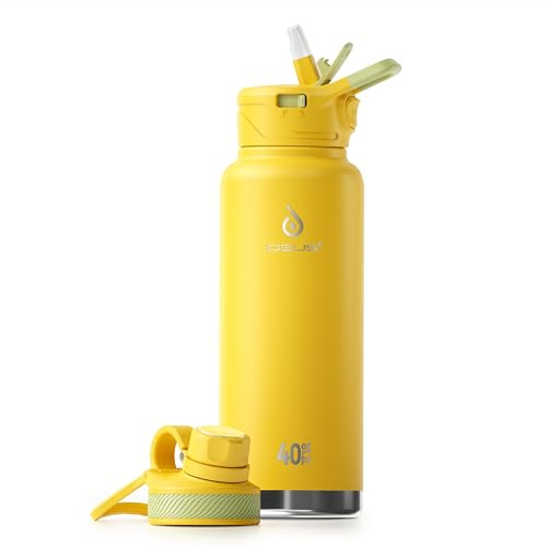 IDEUS Insulated Stainless Steel Water Bottle with 2 Leak-Proof Lids, Thermal Water Flask for Hiking Biking, 40oz, Bright Yellow