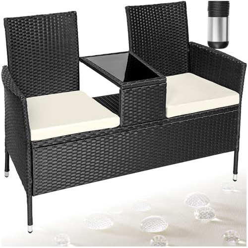tectake® Panchina da Giardino in Polyrattan con Tavolino Integrato, 133x63x84 cm, Resistente Intemperie, Cuscino Seduta 6 cm, Set Panca da Giardino per 2, per Veranda, Balcone - Nero/Beige
