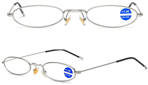 Lanomi Schmale Metall Lesebrille Blaulichtfilter Oval Dünn Rahmen Mini UV400 Schutz Lesehilfe Sehhilfe Damen Herren Retro Computer Brille mit Tube Etui Silber 2.5