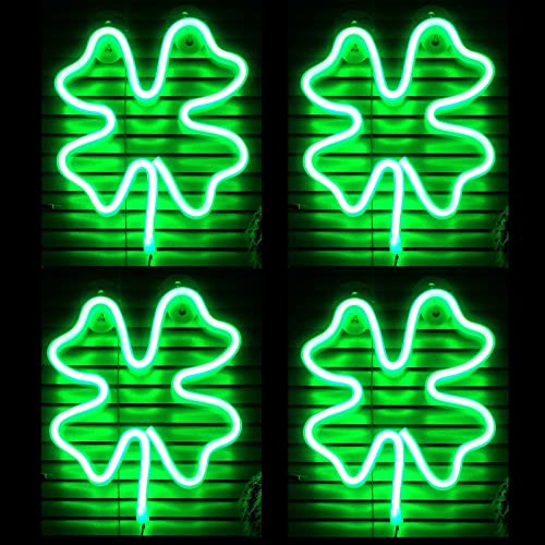 Nuanchu 4 Pcs St. Patrick's Day Shamrock Window Lights, Lighted Window Decoration, Green Four Leaf Neon LED Light for St. Patrick's Day Irish Wall Indoor Outdoor Decor, 9.5 Inch