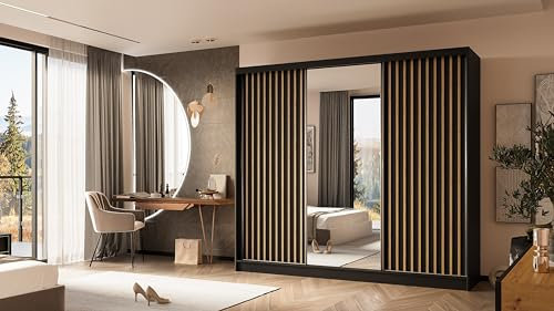 ALTDECOR Kleiderschrank mit Spiegel und Schiebetüren, kugelgelagerte Führungsschienen und Aluminium-Leisten - LAMELO - 240 cm Schwarz + Schwarz+ Artisan