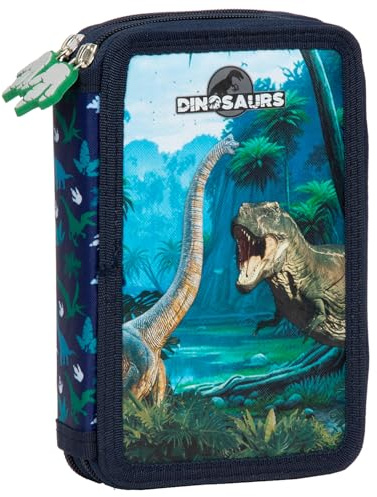 Ragusa-Trade Dino Dinosaurier T-Rex Tyranussaurus Rex, 2-Fach Federtasche Federmappe, 27 TLG. gefüllt (17) für Kinder Jungen Mädchen, blau, 21 x 12 x 4 cm