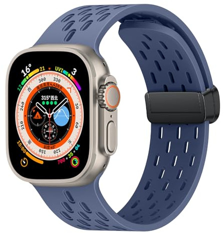 WoPail Bracelet Magnétique pour Apple Watch 49mm 46mm 45mm 44mm 42mm, Silicone Respirant Bracelets de Remplacement pour iWatch Series 11/10/9/8/7/6/5/4/3/2/1/SE/Ultra - Bleu