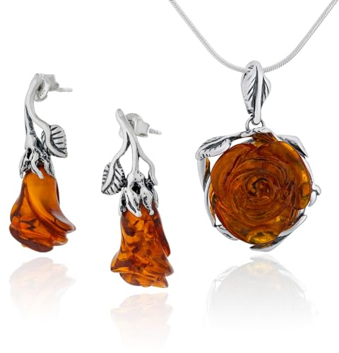 AMBEDORA Smyckessats för kvinnor i bärnsten 060, oxiderat sterlingsilver, handgjorda bärnstensrosor i konjakfärg, silverhänge på halsband och örhängen, Normaal, Sterlingsilver, Bärnsten
