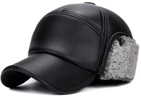 ZMNKH PU Leder Baseballmütze Winter Warm Trapper Jagd Hut mit Ohrenklappen Russisch Mütze Fliegermütze Kunstfellmütze Schirmmütze