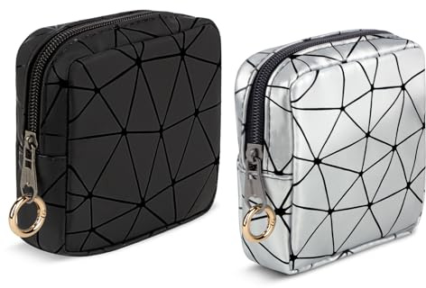 2 Stück Klein Kosmetiktasche Mini Make up Tasche Damen PU Leder Schminktasche Tragbare Mini-Kulturbeutel Wasserdicht für Kosmetikzubehör-Organizer Kulturtasche Geldbeutel für Frauen(Schwarz&Silber)