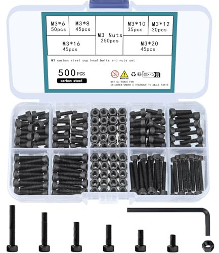 TOOINKCV Ensemble de 500 Pièces M3 - Vis Cylindriques Avec Hex Socket, Assortiment d'Écrous, Vis à Tête Hexagonale
