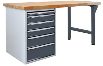 Steinbock Werkbank 6 Schubladen | 150x85x75 cm | 500 kg | Grau | 500 kg Tragkraft | 5 cm geölte Massivholz-Arbeitsplatte aus Buche | stabiles Stahlgestell | Werktisch | Made in EU