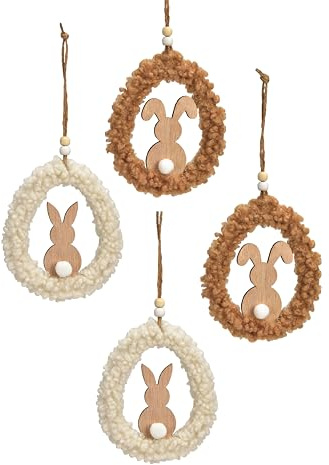 Osterdeko zum Aufhängen 4X Ostereier groß Holz Plüsch Wolle (Weiß Braun) | 14 cm XL Schmucks HOME decona