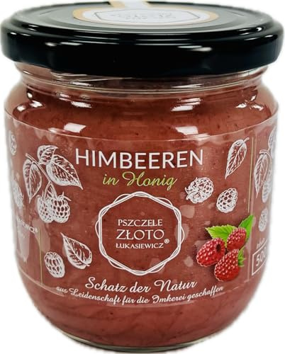 IMKERSHOP Honig mit Himbeeren 500 g - 0,5kg - Großes Glas - Bienenhonig - Europäischer Naturhonig - In der EU hergestellt - Zum Süßen - Zuckerersatz - Für Backwaren