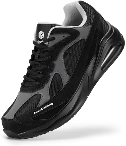 FitVille Mens Extra Wide Fit Trainers Arch Support Air Cushion Running Sneakers Comfortable Jogging Shoes for Heel Pain Relief Plantar Fasciitis - HeelAero V1 Black Grey
