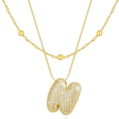 Personalisierte Kette mit Buchstaben Anhänger, Layering Halskette Damen Gold Statement Kette Damen mit Bling Zirkonia Choker Kette Gold, Geschenke für Frauen (N)