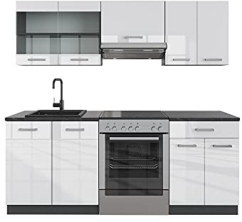Vicco Küchenzeile R-Line, Weiß Hochglanz/Anthrazit, 200 cm | 5 Module · Höhenverstellbare Füße · AP Anthrazit inkl. · Robuste Fronten · Mit Glasschrank · Frei kombinierbar