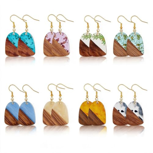 UNICRAFTALE 8 Paar Baumelnde Kunstharz Ohrringe Holz Bohemian Stil Vintage Stil Geometrische Boho Ohrringe Geschichtete Holzohrringe Für Damen