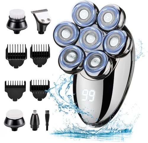 Rasoir Electriques Hommes, 5 in 1 Rasoirs à Têtes Rotatives, IPX7 Étanche Rechargeable Sec et humide Ensemble tête chauve Nez Ave écran LED Brosse pour le Visage