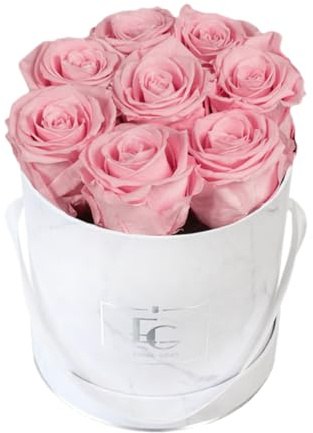EG EMMIE GRAY Classic Infinity Rosebox | Round | S | Marble Silver – 9 ± 1 Infinity rosor med lång hållbarhet, riktiga rosor som blommar upp till 3 år, konserverade rosor (ridal rosa)