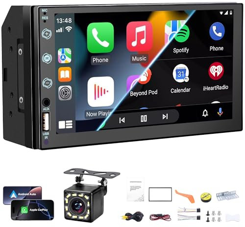 Estéreo de Coche de Doble DIN de 7 Compatible con Apple Carplay y Android Auto, Pantalla táctil HD, Enlace de Espejo,USB/AUX,Radio de Coche Am,cámara de Respaldo