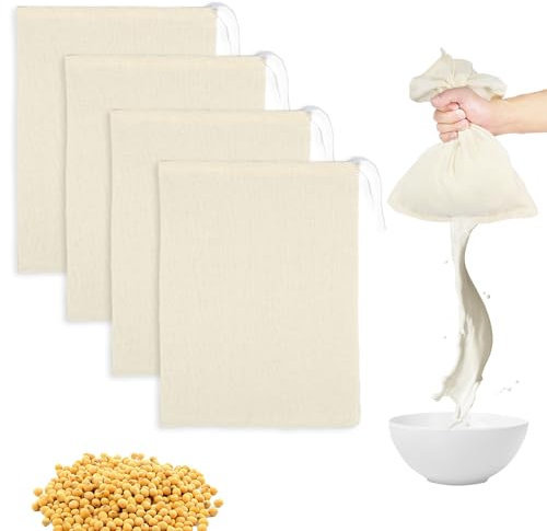Guniata 4Pcs Nut Milk Bags with Drawstring Unbleached Cheesecloth Bags 11.42 x 15.35in Nut Bag Strainer Cotton Fine Mesh Strainer Bag Reusable Cheese Cloth Strainer for Almond Cheese Yogurt Juice Tea
