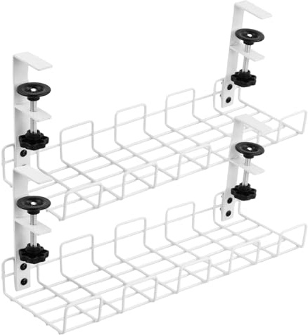 Mapille Pack de 2 Bandejas Organizadoras de Cables para Escritorio, Recoge Cables Mesa Sin Taladro, Gestión de Cables en Metal con Abrazadera Ajustable para Oficina y Hogar
