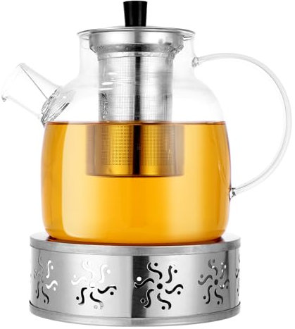 Teiera con colino,1500 ml,Teiera con Infusore con Scaldino,in vetro con coperchio in legno, resistente al calore, con filtro rimovibile, design moderno ed elegante per tè, tè e succo di fiori