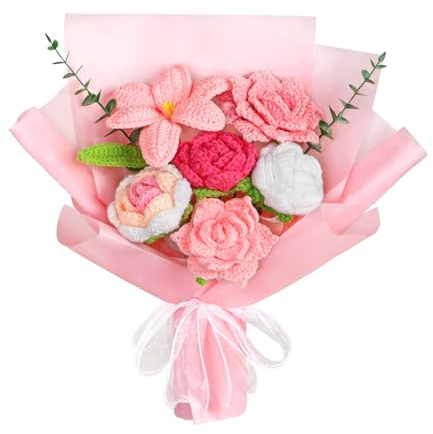 UXORSN Ramo de Flores de Ganchillo Hecho a Mano Artificiales Rosas Tulipán Flores Tejidas a Mano Arreglos Florales Falsos Regalo para Día de la Madre Cumpleaños Graduación Hogar Decoración (Rosa)