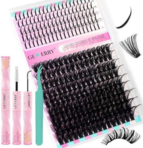 GEMERRY Ögonfransförlängningar spikar gör-det-själv klusterögonfransar D Curl individuella klusterfransar, set 80D, singelögonfransar, Lash Bond & Seal och applikator (Manga 80D-kit)