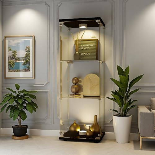 KRYZOR Glasvitrine mit LED Beleuchtung, Standvitrine mit Schloss, 1 Tür Glas Vitrine, 3 Lagen Glasvitrine Stehend, Vitrinenschrank, für Wohnzimmer Büro, Sammlervitrine, Schwarz (Schwarz)