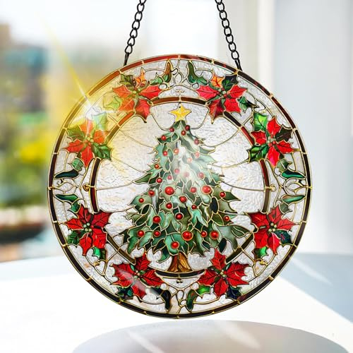 Bimkole Christmas Tree Stained Glass Suncatcher Window Hanging - Leaves Indoor Window or Doorway Decoration - Handmade Sun Catcher Decor for Garden Home Christmas & Birthday Gifts 7.87x7.87 inch