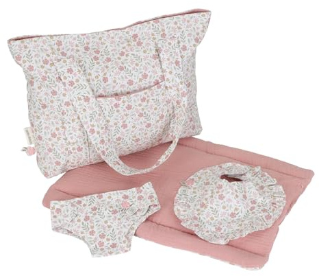 Little Dutch 4589 Bolsa de pañales para muñecas 4 piezas - Flores suaves rosas