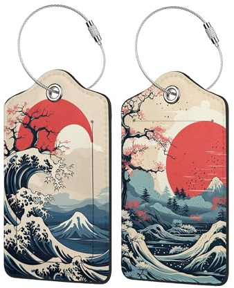 2 Pack Luggage Tags, Travel Cruise Japanese Retro Moon Wave Personalised Luggage Tags with Privacy Flap, Name ID Label and Metal Loop for Women Men Baggage Handbag School Bag Backpack