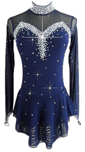 LIUHUO – Robe de patinage artistique sur glace noire pour filles et femmes, à dos nu, à manches longues, avec perles, bleu marine, L