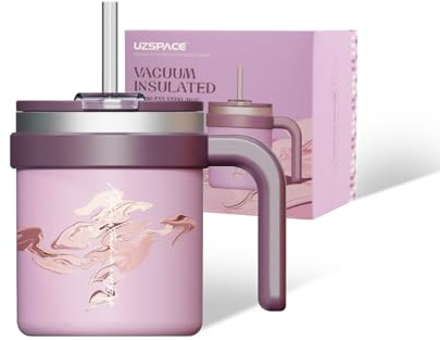 UZSPACE Thermal Mug with Handle ArtisticPrint Cup, 500ml Purple | Adult sippy cup for hot drinks, 316 Stainless Steel Reusable coffee cups, Insulated coffee mug, Cups with lids and straws
