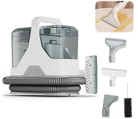 Reefuula Polsterreiniger Gerät und Nassauger 15Kpa, Kompakter Waschsauger Teppichreiniger 600W, Fleckenreiniger Nasssauger für Teppich, Sofa, Vorleger, Polster, Treppen, Auto, Grau, Drei Bürstenköpfen