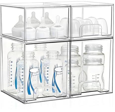 Saccik Baby Bottle Storage Organizer: Clear Stackable Storage Drawers, Acrylic Bottles Station Organizer Container for Countertop, Vanity, Bathroom, Cabinet Organization - 4 Pack
