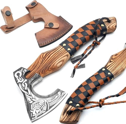 Handmade Viking Axe Ashwood Handle Carbon Steel Blade, Outdoor Camping Hunting, Norse Hatchets Axes, with Brown Leather Wrapped Handle & Leather Sheath Wood Splitting Axes