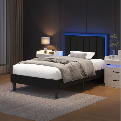 HOMBCK Single Bed Frame with LED Lights,Black 90x190
