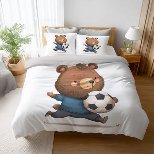 Morbido al tatto Aerato Bianco Cartoon Letto completo Minimalista Calcio Orso di Peluche Comfort Senza grinze Microfibra per Children's Boys Girls Duvet Cover 200 x 200 cm
