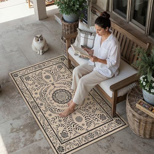 HUGEAR 3x5 Vintage Jute Indoor Outdoor Rug Washable Linen Textured Weave High Traffic Stain Resistant Non Slip Durable Carpet for Patio Deck Balcony Courtyard (Floral Black, 3' x 5')
