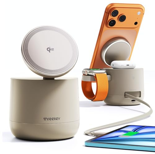 THREEKEY 4-in-1 Magnetic Wireless Ladestation Qi2 15W Magnet Ladegerät für iPhone 17/16/15/14/13/12 Serie, Apple Watch, AirPods, iPad, Magnetic Ladestation mit 65W Ladegerät im Lieferumfang enthalten