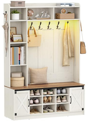 Hzuaneri Garderobstativ med bänk, garderob med LED, klädställ, justerbara hyllor, 15 öppna fack, 7 krokar, för entrérum, 40 x 140 x 190 cm, vitbrun HT24714XEU