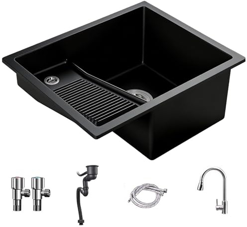 Lavabo Bagno con Asse per Lavare, in Pietra di Quarzo, Monoblocco, Lavandino Bagno da Incasso con Rubinetto Estraibile, per La Lavanderia(Black)
