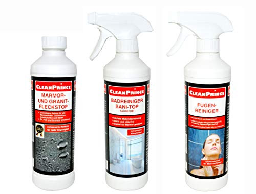 3 Pezzi Detergente Bagno Set manutenzione PIETRA NATURALE: 1 x 0,5 l Marmor- E Granito TOP spot,1 x 0,5 l Detergente stucco,1x Detergente per bagno SANI OTTIMO senza acido/500 ml Marmor- e granito FERMATA DI MACCHIA: Impregnazione contro Acqua,Olio,Fett,Patch,tutti assorbente Pietre naturali,Pietre artificiali come Marmorizzato,granito,Ardesia,Clinker,Marmo Jura,Pietra arenaria,Quarzite,Ceramica,Cotto,particolare adatto per Pareti,Suolo,Tavoli,Bagni,Angolo cottura/500 ml GROUT CLEANER: