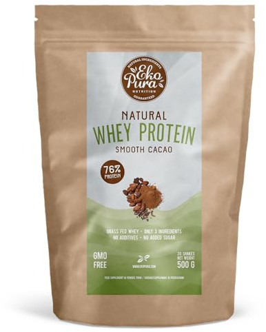 Ekopura Natural Whey Protein - Cocoa - 500g | 76% Protein | 100% Natural Grass Fed Whey| Hormone-Free, GMO-Free, Soy-Free, Additives Free, No Added Sugar | Muscle Growth, Recovery and Retention