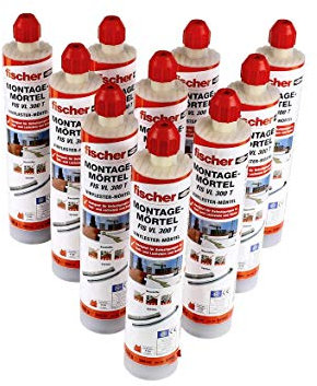 fischer Handwerker-Koffer Montagemörtel FIS VL 300 T-gerissener Beton und Mauerwerk, mit Zulassung, Variable Verankerungstiefen-10 x Kartusche und 20 Statikmmischer-Art-Nr. 548655, Grau, Rot
