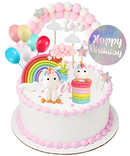 Unicon Cake Topper Decoration 27 Pcs Including 7 Clouds, 1 Rainbow, 1 Star Hairball Arch, 6 Balloons, 5 Stars, 4 Support Stick, 2 Unicons, 1 Happy Birthday, for Kids Birthday Baby Shower Party