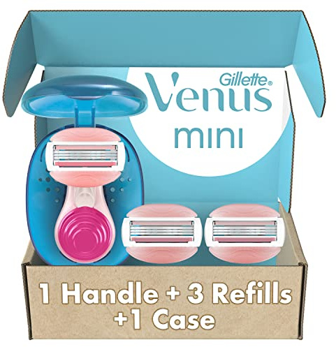 Gillette Venus Mini On The Go Women's Razor Handle with 3 ComfortGlide White Tea Scent Blade Refills + 1 Travel Case